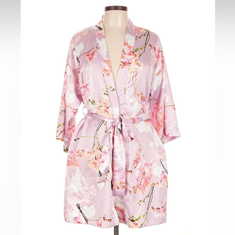 Flora Nikrooz Floral Satin Robe - Light Purple - Size L/XL - Orchid Design